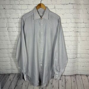 Kiton Napoli Mens Blue White Striped Dress Shirt Size 17.5 44 Made in Italy